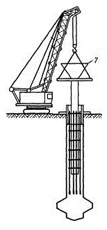 Опускание воронки с бетонолитной трубой.